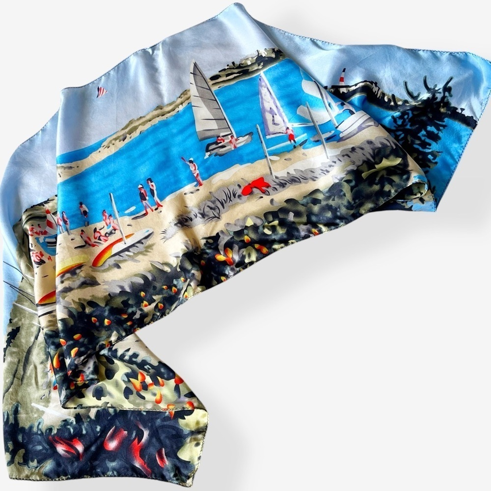 Silk Scenic Beach Print Oblong Scarf Headscarf - Picture 12 of 12